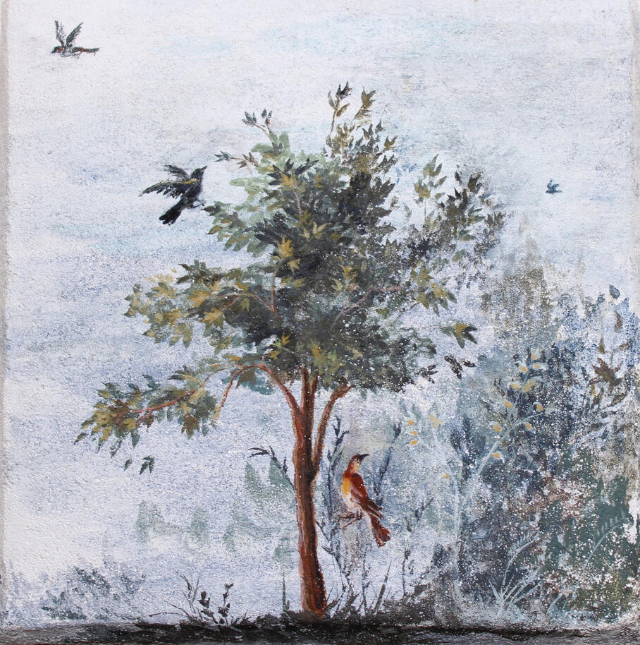 Trois oiseaux dans le jardin de Livia / Fresque sur travertin, 2025 / 20,3 x 20,3cm