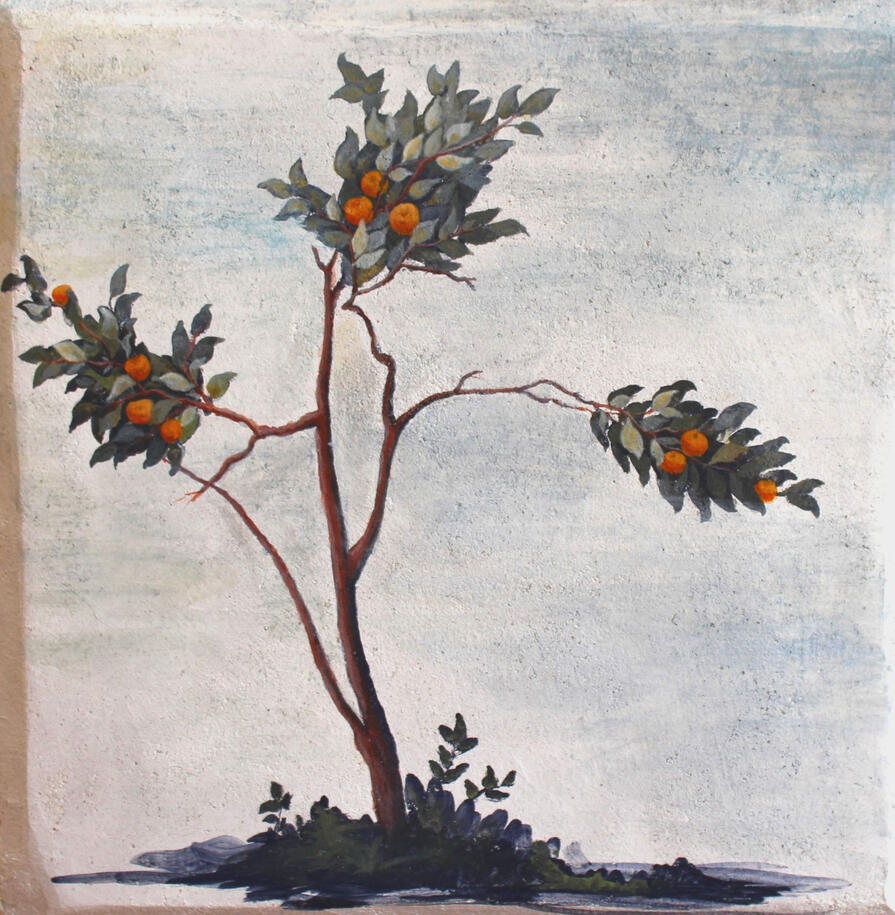 Un arbre du jardin de Livia / Fresque sur travertin, 2025 / 20,3 x 20,3cm