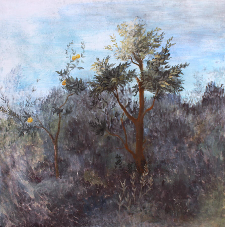 Oranges du jardin de Livia / Fresque sur travertin, 2025 / 40,6 x 40,6cm