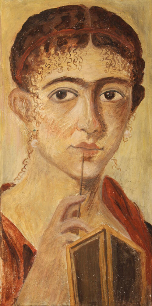 Étude d'une femme de Pompéi (daté d'environ 50-79) / Fresque, sur travertin, 2025 / 20,3 x 40,6cm