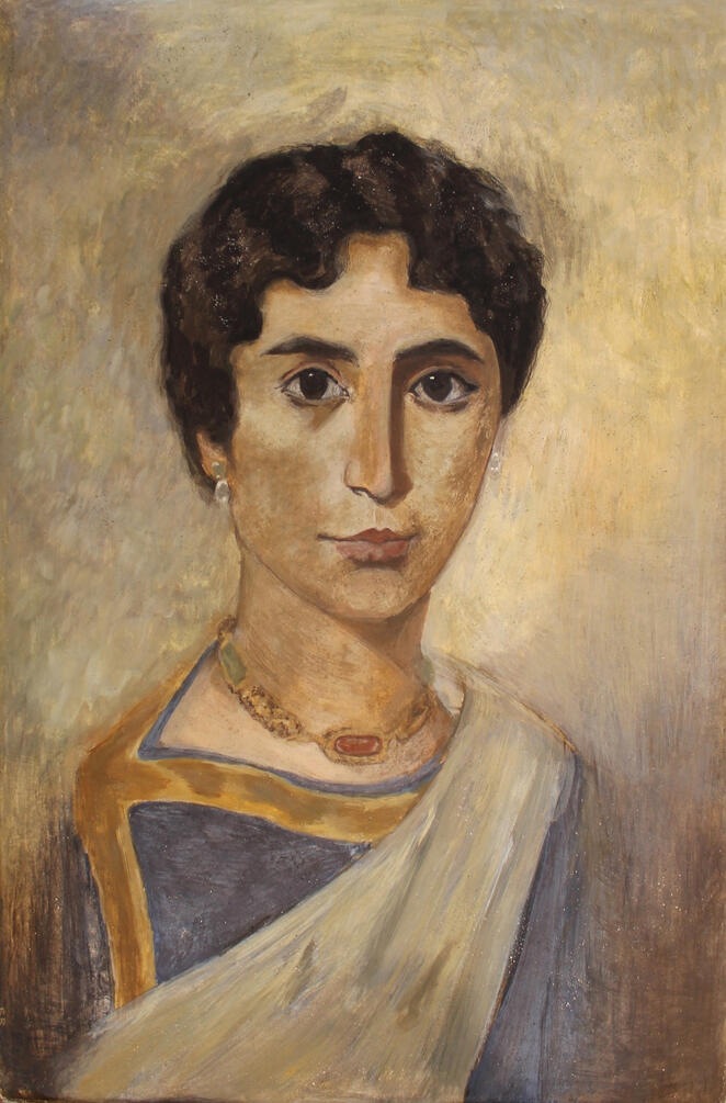Étude d&#39;une femme du Fayoum (2e siècle) / Fresque sur travertin, 2025 / 40,6 x 61cm