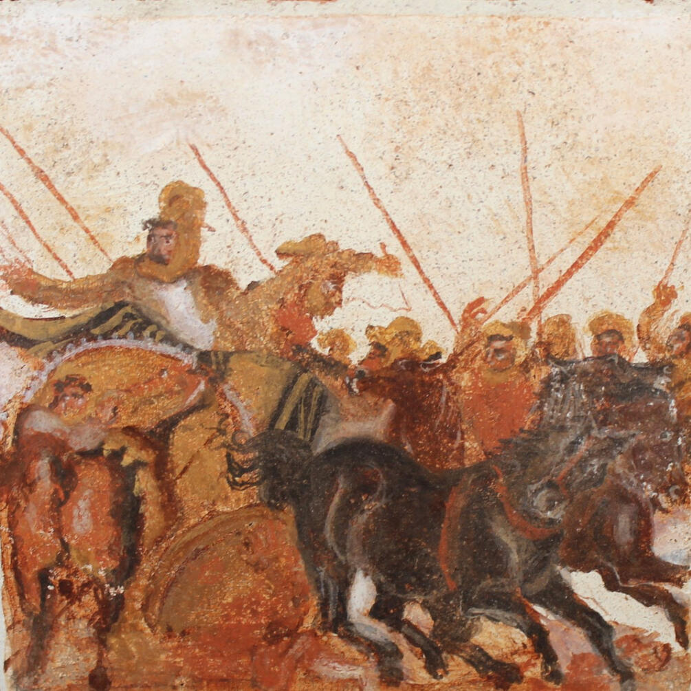 Etude de Mosaïque d&#39;Alexandre (2e siècle av. J.-C) / Fresque sur terre cuite, 2024 / 10,5 x 10,5cm