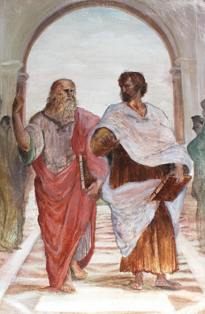 Étude de Platon et d&#39;Aristote tiréede L&#39;École d&#39;Athènes de Raphaël (1509-1511) / Fresque sur travertin, 2025 / 30,5 x 40,6cm