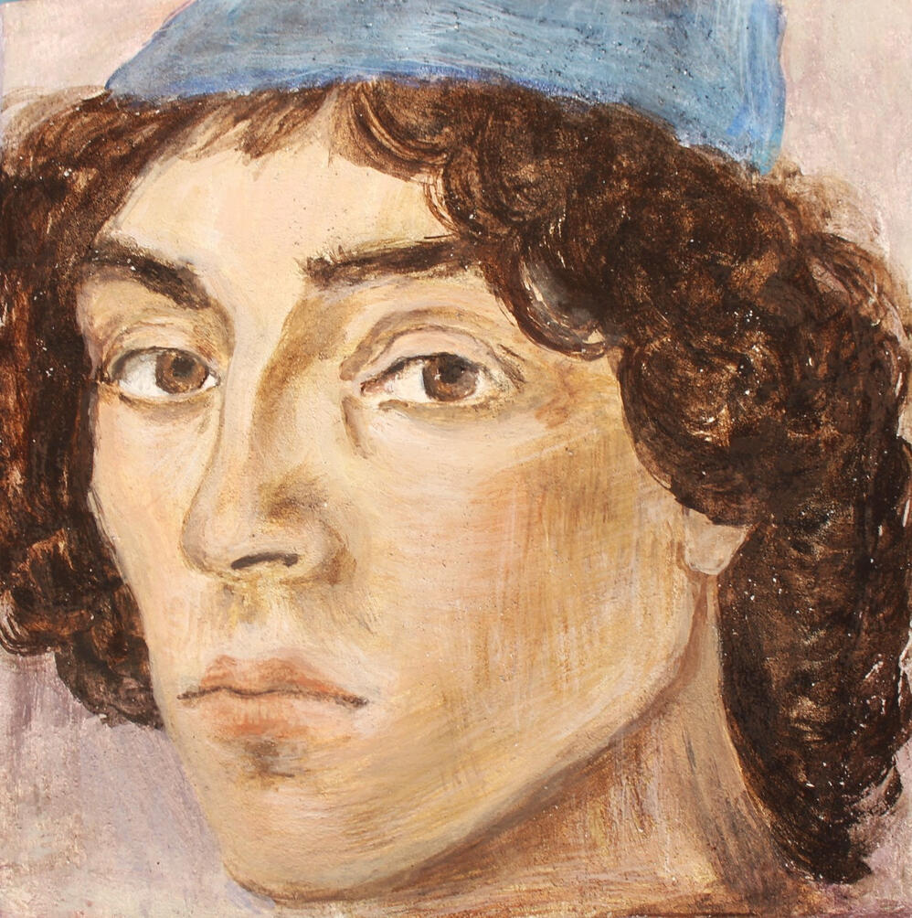 Etude de l’ autoportrait de Filippino Lippi, de La dispute avec Simon le Magicien (1481) / Fresque sur travertin, 2025 / 20,3 x 20,3cm