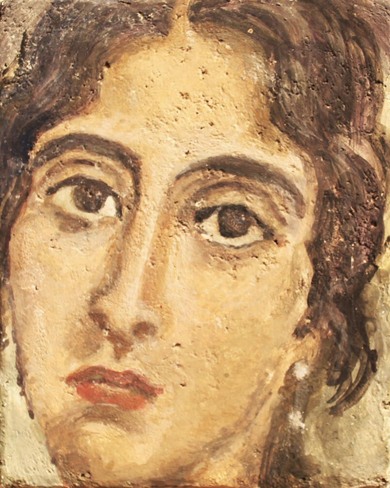 Étude d&#39;une femme du Fayoum (1er-3e siècle) / Fresque sur terre cuite, 2024 / 14,5 x 17,5cm