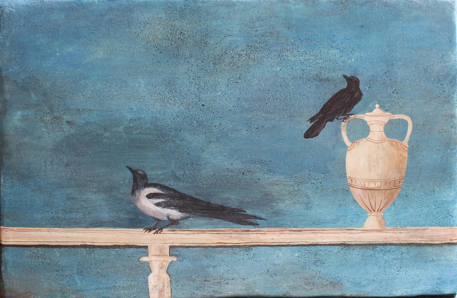 Étude de deux oiseaux et d'un vase / Buon fresco sur travertin / 40,6 x 27 cm
