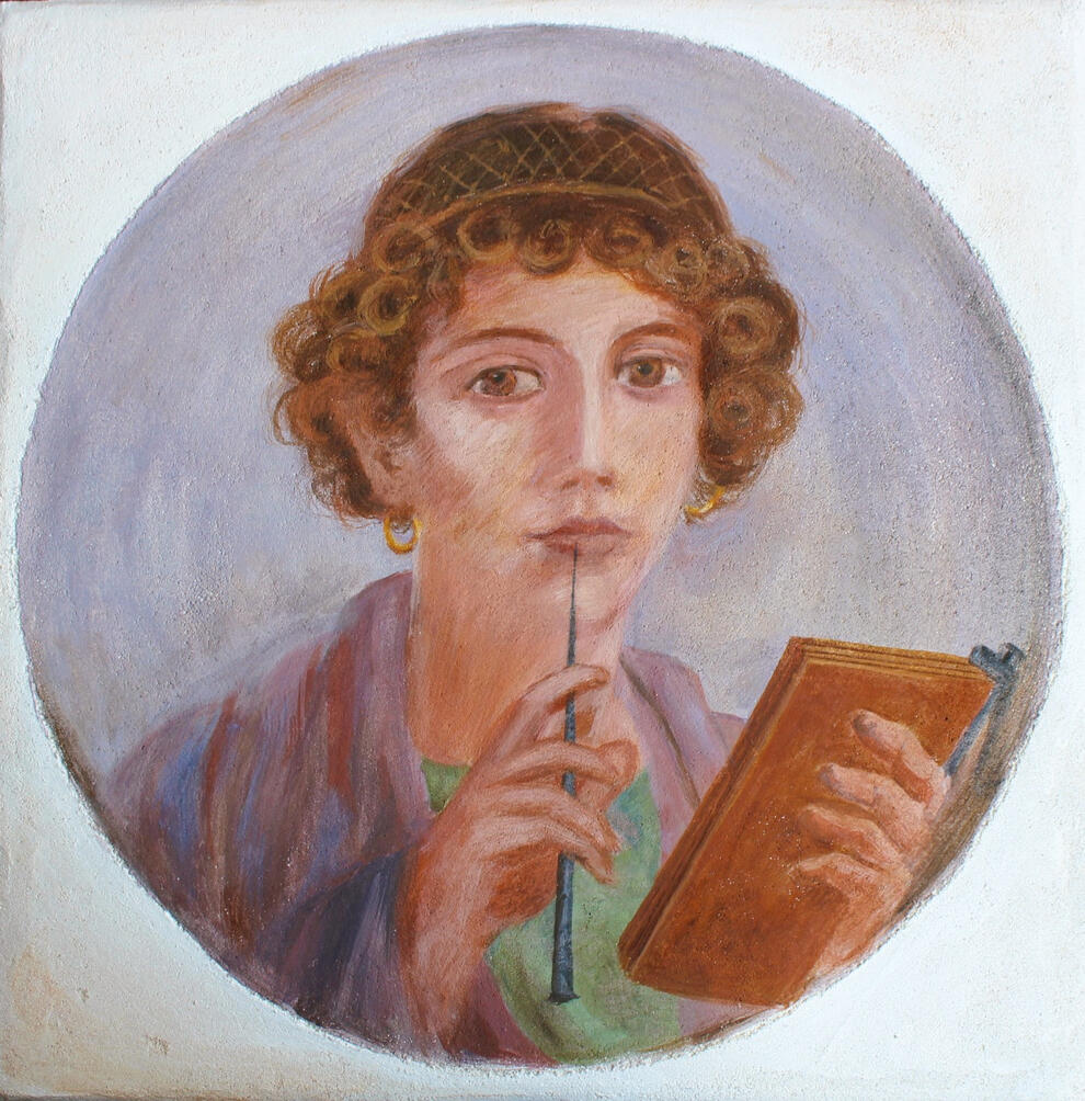 Étude du Portrait d’une jeune femme, dite Sappho (50-79) / Fresque sur travertin, 2025 / 40,6 x 40,6