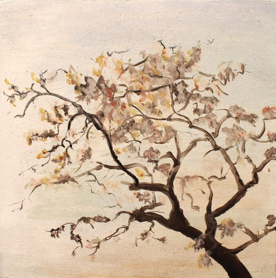 Cerisier / Fresque sur travertin, 2025 / 20.3 x 20.3cm