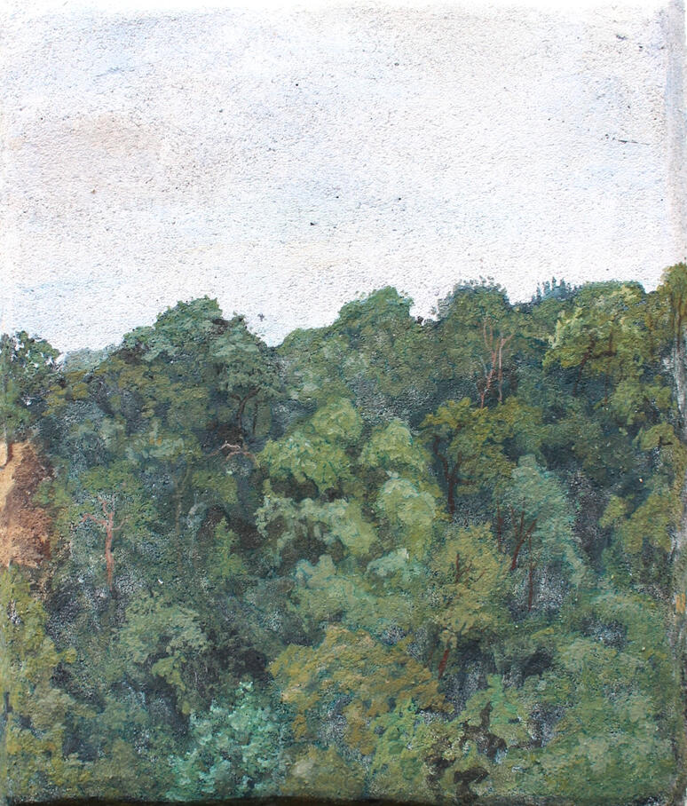 Les arbres d'en face / Buon fresco sur travertin, 2026 / 22,6 x 27 cm