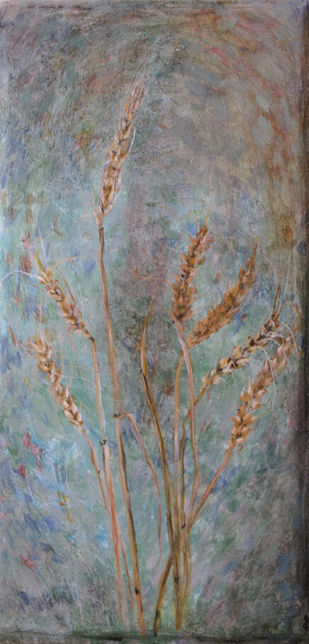 Sept épis de blé / Fresque sur travertin, 2025 / 20,3 x 40,6cm