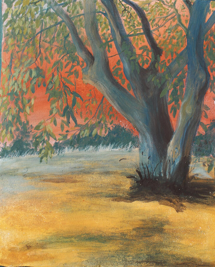 Noyer dans la Canicule / Buon fresco sur travertin, 2026 / 30,4 x 40,6 cm